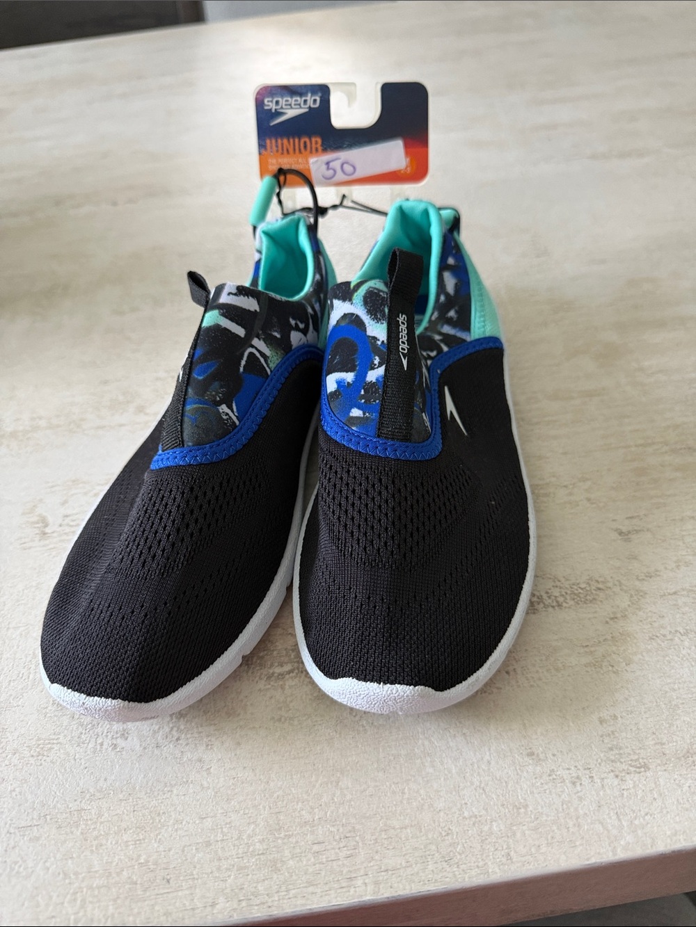 Speedo Black & Teal Junior Slip-On Water Shoes. Medium. 2/3 size.